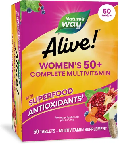 Nature's Way ¡Alive! 50 Plus Tabletas multivitamínicas completas para mujeres, vitamina diaria para mujeres de 50 años, apoya la función saludable