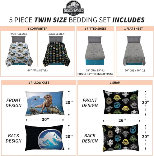 Miniatura 4 de Franco - Juego de ropa de cama para niños, edredón y sábanas supersuaves con funda de almohada, 5 piezas, tamaño individual, Jurassic World, 6A1348