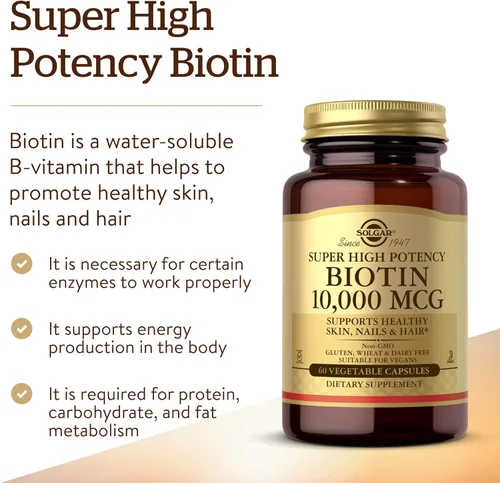 Miniatura 3 de Solgar Biotina 10,000 mcg, 60 cápsulas vegetales – Energía, metabolismo, promueve una piel sana, uñas y cabello – Super alta potencia – Sin OMG