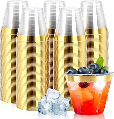 Miniatura 18 de Byvivace Vasos de plástico transparente de 12 onzas con borde dorado, resistentes y aptos para alimentos, desechables, copas de vino, copas de boda