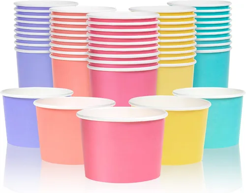 MATICAN Vasos de papel para helado, paquete de 50 cuencos desechables de postre de 9 onzas para bebidas calientes y frías, 9 onzas, 5 colores pastel