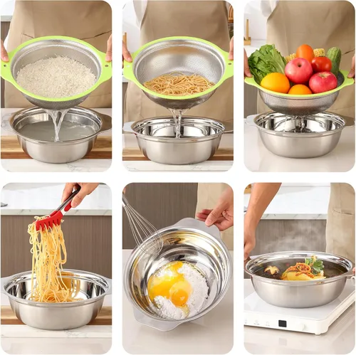 Miniatura 8 de Colador de Acero Inoxidable Microporoso, Lavador de Arroz de Gran Capacidad de 5QT con Tazón Mezclador, Juego de Tazón Colador de Arroz de 12.5