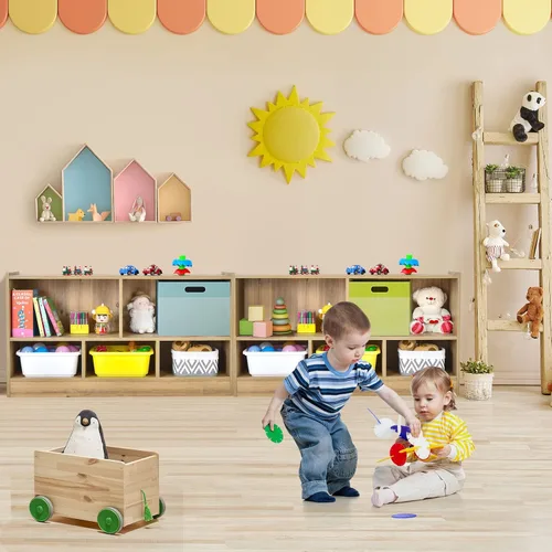 Miniatura 4 de HONEY JOY Organizador de almacenamiento de juguetes para niños, estante de almacenamiento de 5 secciones para preescolar, 2 niveles de madera Natural