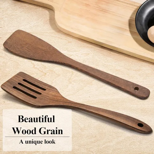 Miniatura 3 de Espátula de Madera Antiadherente Volteador de Madera de Acacia, Espátulas Planas para Freír con Mango Largo de 12 Pulgadas Hechas a Mano