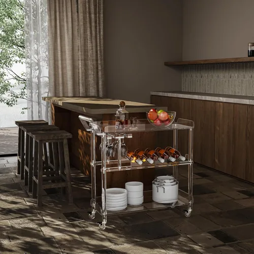 Miniatura 7 de HMYHUM Carrito de barra de acrílico con 4 ruedas con bloqueo, carrito de servicio transparente con estante para vino y soporte para vidrio, carrito