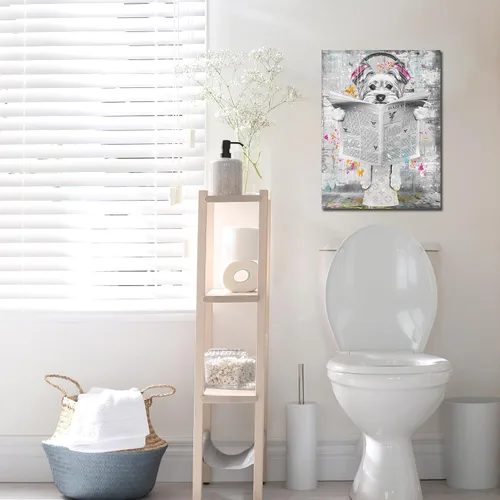 Miniatura 2 de ENTANUB Arte de Pared de Perro para Baño, Divertido Cuadro de Lienzo de Animales para Dormitorio, Decoración de Imágenes en Blanco y Negro