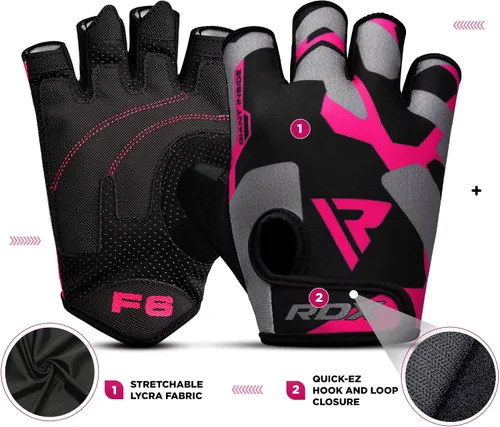 Miniatura 2 de RDX Guantes de levantamiento de pesas para gimnasio, entrenamiento de fitness, palma acolchada antideslizante, equipo de entrenamiento de fuerza Rosa