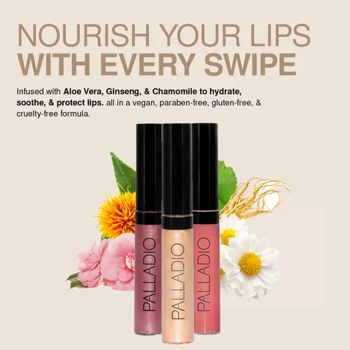 Miniatura 7 de Palladio Brillo de labios, brillo de labios no pegajoso, contiene vitamina E y aloe, ofrece un color intenso e hidratación, minimiza las arrugas