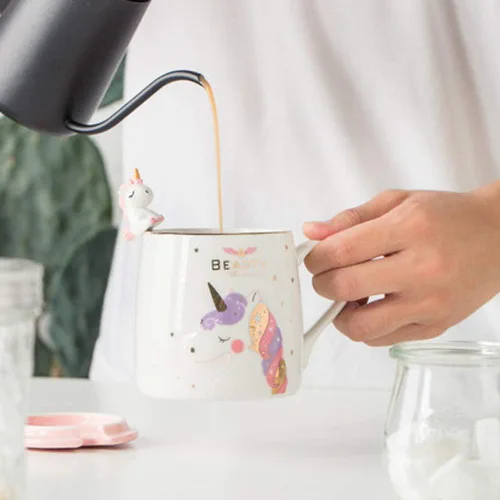 Miniatura 3 de Taza de unicornio BigNoseDeer, linda taza de café de cerámica con adorable cuchara de unicornio, taza novedosa para la mañana, taza para café, té