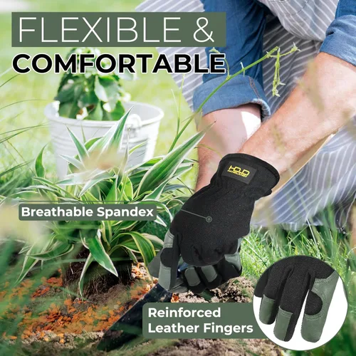 Miniatura 5 de HANDLANDY Guantes de jardinería de cuero para hombre, guantes de trabajo utilitarios para mecánicos, construcción, conductor Verde oliva (1 par)