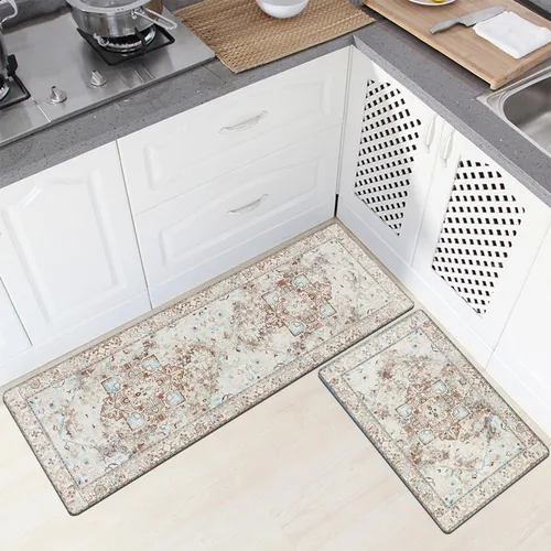Miniatura 8 de Cekene Juego de 2 alfombras y tapetes acolchados para cocina, antifatiga, tapetes de cocina para piso, tapetes de cocina estilo bohemio de granja