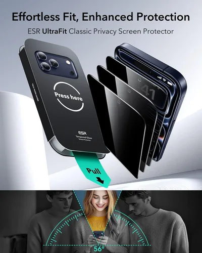Miniatura 2 de ESR Paquete de 3 protectores de pantalla de privacidad para iPhone 17 Pro, grado militar, inastillables, dureza 9H, vidrio templado antiespía