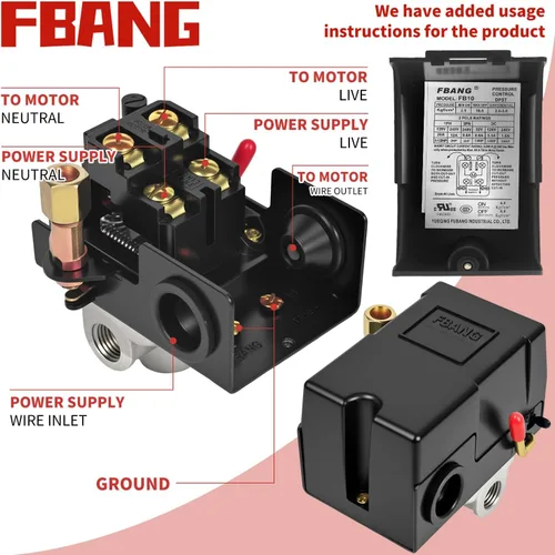 Miniatura 4 de Válvula de control del interruptor de presión del compresor de aire, regulador de presión 90-120PSI con conjunto de accesorios de manómetros