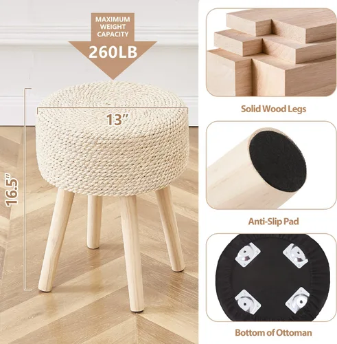 Miniatura 7 de Cpintltr Taburete otomano redondo natural de hierba marina, puf otomano con patas de madera maciza, reposapiés tejido a mano, taburete para sala