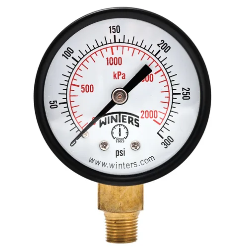 Miniatura 6 de Winters - Medidor de presión en seco de utilidad económica, interior de latón, caja de acero negro, escala doble 0-200 psi/kPa, 3-2-3% de precisión