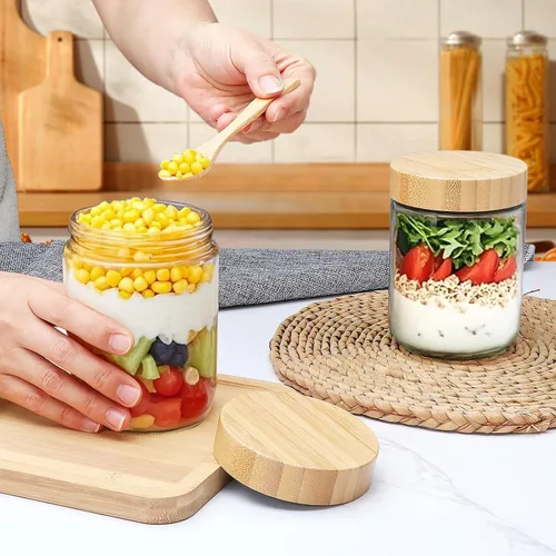 Miniatura 6 de Tarros de vidrio de 16 onzas con tapas, recipientes de avena nocturna con tapas de bambú, frascos Mason de vidrio de boca ancha, recipientes