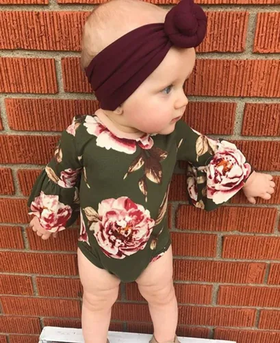 Miniatura 2 de Mameluco de manga larga con diseño de flores de encaje para bebé, color liso, conjunto de ropa con diadema