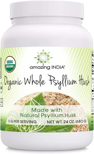Amazing India USDA - Suplemento en polvo de cáscara de psyllium entero orgánico | 0.18 oz por porción | Sin OMG | Sin gluten | Fabricado en Estados