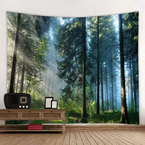 FENDROM Tapiz de bosque brumoso para colgar en la pared, tapiz de paisaje natural, tapiz de sol a través de árbol, tapices para dormitorio, sala de