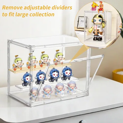 Miniatura 8 de Vitrina de exhibición acrílica, vitrina transparente de 3 capas, soporte de caja de exhibición ajustable con 2 divisores móviles, pequeña vitrina