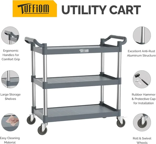 Miniatura 2 de TUFFIOM Carrito de servicio de plástico con ruedas, resistente capacidad de 450 libras, enrollado comercial de 3 niveles, ideal para restaurante