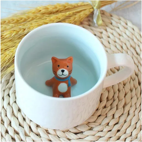 Hotmiss Taza de cerámica con diseño de gato oculto en el interior de animales en 3D, bonitas tazas hechas a mano con dibujos animados, regalo de