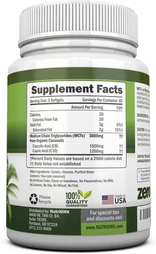 Miniatura 2 de NutriONN Aceite MCT, 3000 mg por porción, 180 cápsulas blandas, hecho de cocos 100% orgánicos, sin OMG, prensado en frío, cápsulas aptas para paleo
