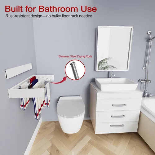 Miniatura 4 de Estante de secado montado en la pared de 31.5", estante de secado de ropa plegable con varillas de acero inoxidable, estante de secado retráctil
