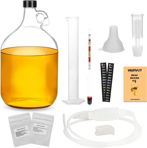 Mead Making Kit para principiantes – Juego completo de iniciación de elaboración casera con suministros reutilizables, tarro de fermentación de vino