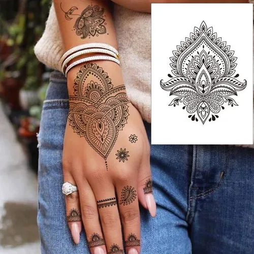Miniatura 2 de Tatuajes de henna -20 hojas de tatuajes temporales de flores Diseño de encaje de flor de henna pegatinas de tatuaje impermeables para mujeres, Negro