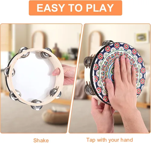 Miniatura 3 de Panderetas de instrumentos musicales de mano: panderetas para adultos, jingles de metal de doble fila de 8 pulgadas, pandereta de madera