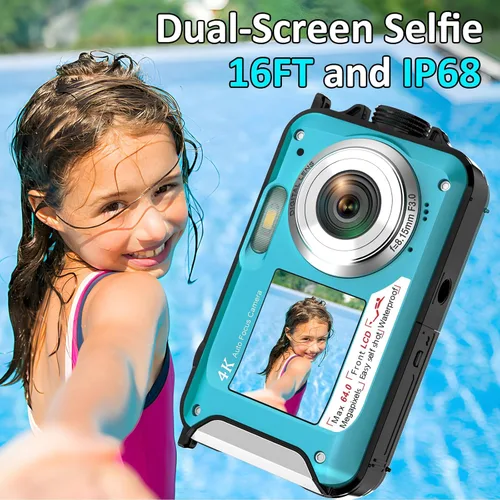 Miniatura 2 de Cámara subacuática 4K de 16 pies Cámara impermeable con tarjeta de 32 GB, enfoque automático de 64 MP, cámara submarina selfie de doble pantalla