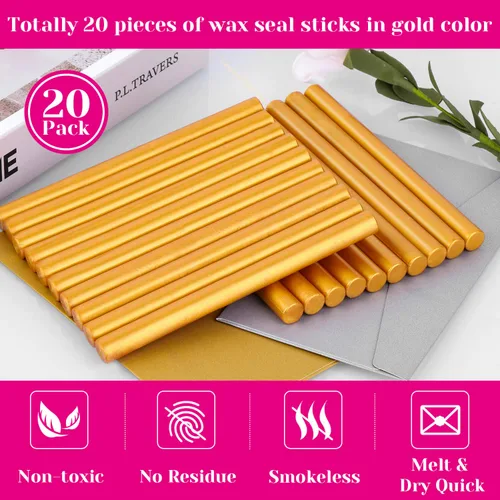 Miniatura 2 de PAXCOO - Cera de sellado, 20 varillas de sellado de cera, pistola de pegamento para sello de cera, sello de cera de letras y manualidades (dorado)