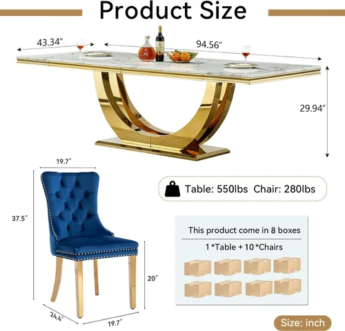 Miniatura 3 de Juego de mesa de comedor grande y moderna de mármol sintético blanco de 94.5 pulgadas, juego de mesa de comedor de 10 piezas con 10 sillas tapizadas