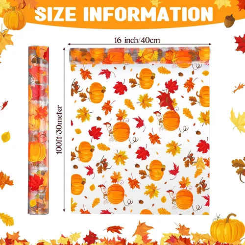 Miniatura 2 de Papel de regalo de celofán de otoño, 100 x 16 pulgadas, 2.5 mil de grosor, rollo de envoltura de celofán transparente con temática de otoño