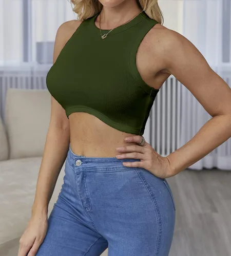 Miniatura 3 de Abardsion - Camiseta corta sin mangas con cuello redondo y espalda cruzada, de punto acanalado, para mujer