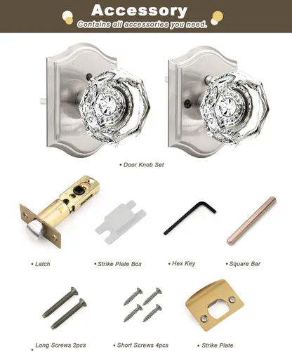 Miniatura 6 de Gobrico Paquete de 3 pomos de puerta de cristal transparente, manijas de puerta de cama/baño, función de privacidad, perilla interior de vidrio