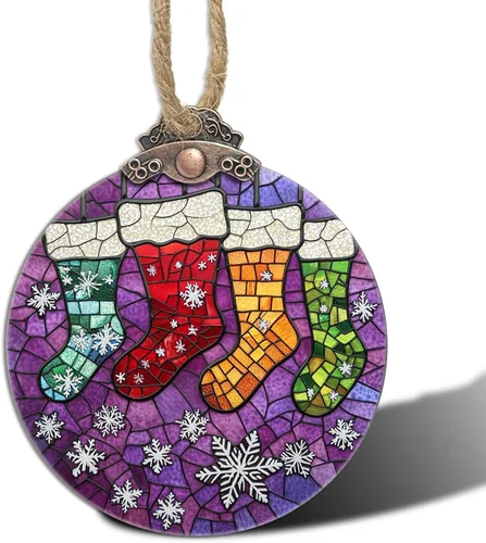 Miniatura 17 de Decoraciones navideñas de vitrales, colgante de campana pequeña para ventana, árbol de Navidad, adornos colgantes retro verde atrapasoles de Verde
