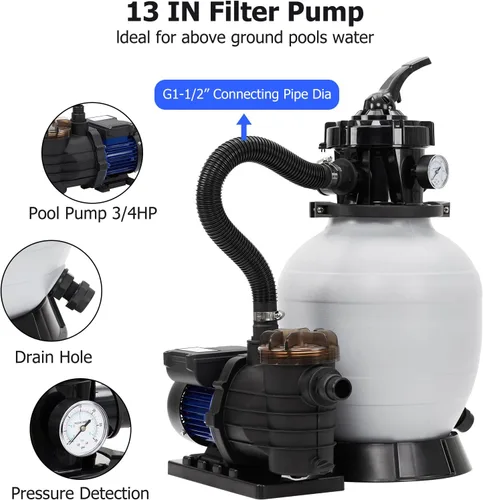 Miniatura 3 de Bomba de filtro de arena de 13 pulgadas, filtro de arena de piscina de 3434 GPH de 3/4 HP para piscinas sobre el suelo y enterradas de hasta 8500