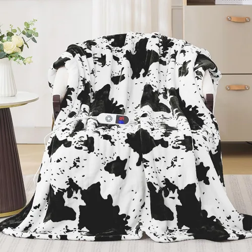 Miniatura 6 de Manta térmica con estampado de vaca negra de 50 x 60 pulgadas, manta eléctrica con 6 ajustes de calor y temporizador de 1 a 12 horas, sherpa