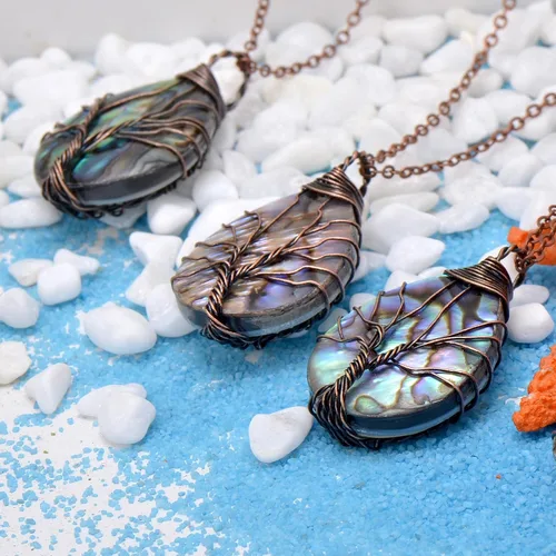 Miniatura 3 de Hand Wrapped Abalone Shell Tree of Life Pendant Necklace Small, Bronze Wire