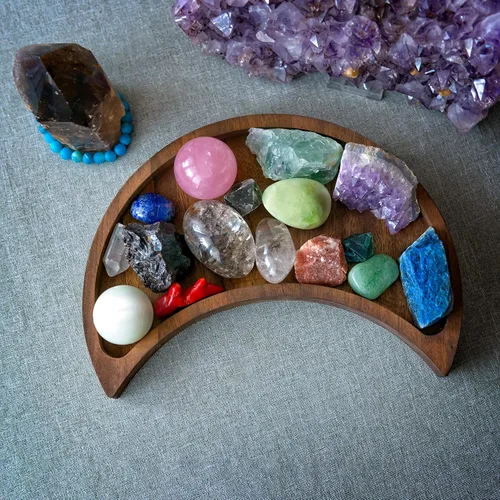 Miniatura 6 de Bandeja de luna creciente – Muestra tus gemas, piedras curativas y tesoros – Bandeja de exhibición de cristal de madera de 10 x 5 pulgadas, soporte