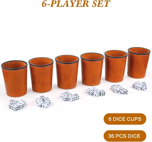 Miniatura 2 de Juego de tazas de dados con forro de fieltro de cuero PU de Reriver, 6 tazas silenciosas mezcladoras de dados con 36 dados para juegos de Bar Party