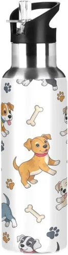 Paw Prints Dog Bones White Stainless Steel Vacuum Insulated Water Bottle 20 Oz Leakproof Water Bottles, BPA-Free Sports Water Bottle with Straw