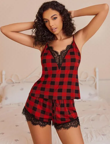 Miniatura 6 de Avidlove Conjunto de pijama para mujer con ribete de encaje, conjunto de pijama modal con cuello en V, sin mangas, ropa de dormir con cordón
