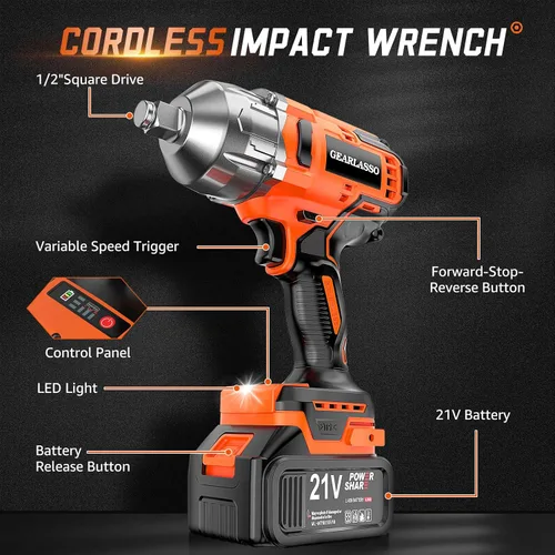 Miniatura 2 de Llave de impacto inalámbrica 1500N.m, llave de impacto de alto par sin escobillas de 1/2 pulgada 21 V con 2 baterías de 4.0 Ah, 6 enchufes, cargador