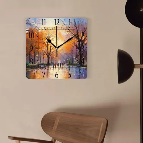 Miniatura 4 de Reloj de pared decorativo de 10 pulgadas, silencioso, cuadrado, para el hogar, sala de estar, cocina, bosque de otoño, hojas rojas brillantes, cielo