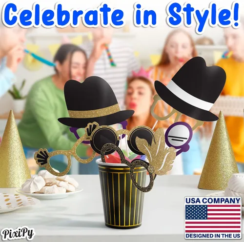 Miniatura 7 de Accesorios para cabina de fotos – Gafas de fiesta temática de los años 20 – Negro y dorado, 10 piezas – Twenties, Jazz, Gatsby, Vintage, Año Nuevo