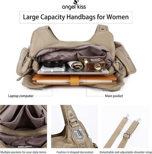 Miniatura 4 de Angelkiss - Bolsos y bolsos de mano para mujer, de cuero vegano lavado, bolso cruzado de hombro