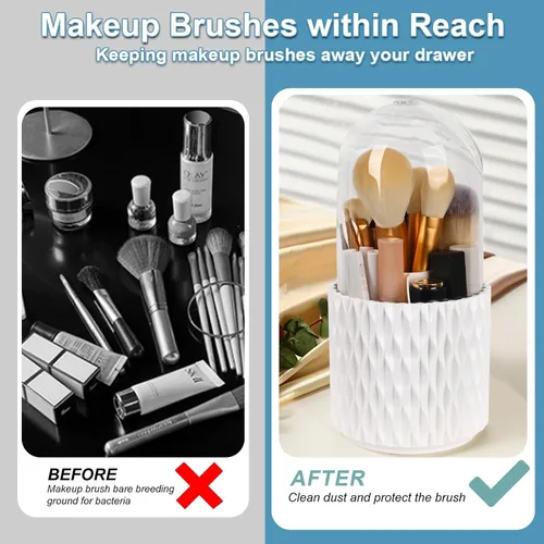 Miniatura 3 de WAFJAMF Organizador de brochas de maquillaje con tapa, organizador giratorio de 360 grados para tocador y baño, 5 ranuras para brochas de Blanco